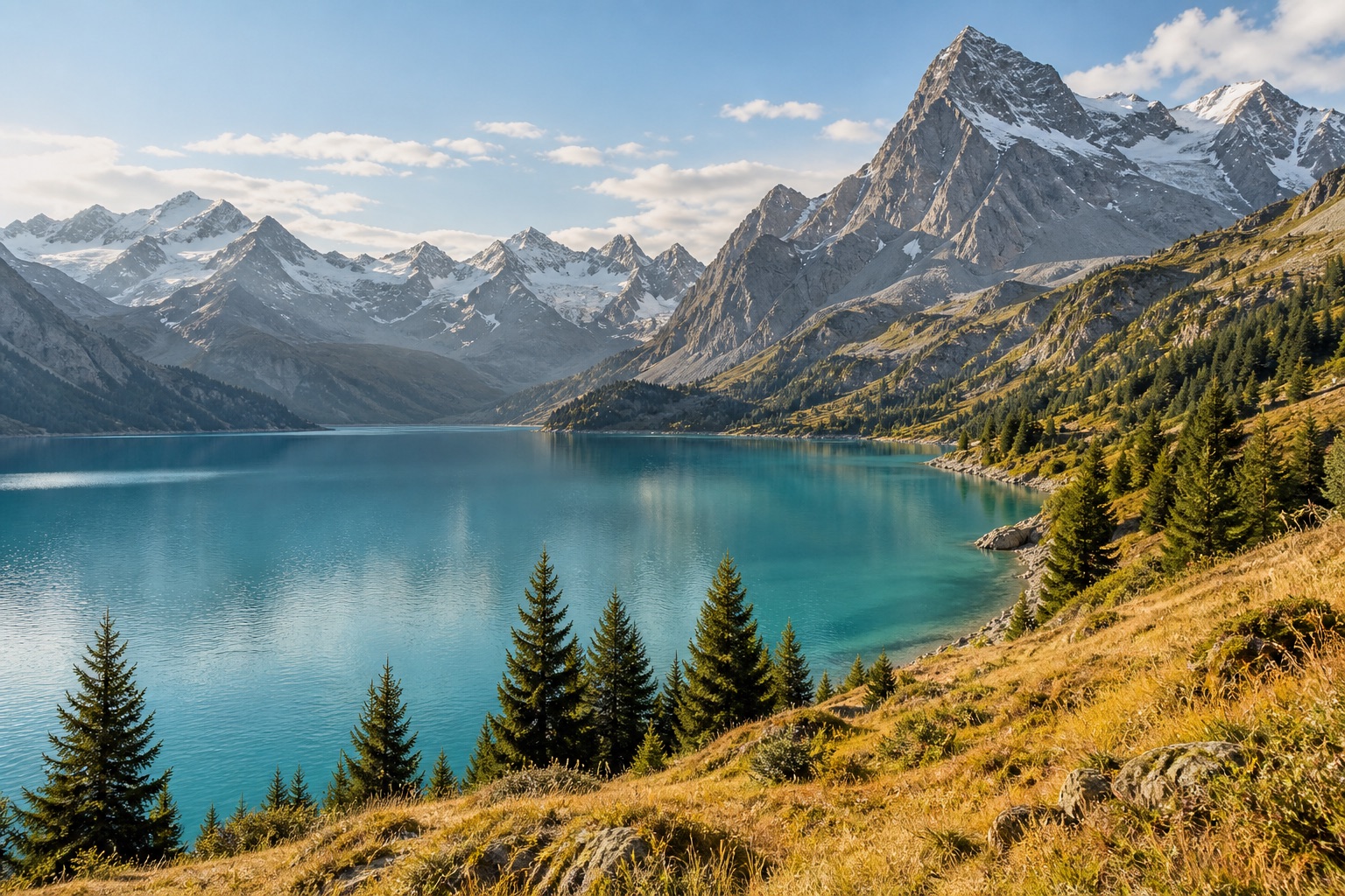 Lac aux eaux bleues au pied de sommets alpins, illustration